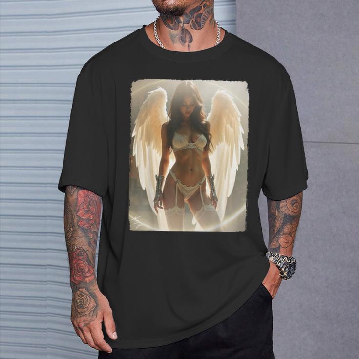 ピンナップガール 男性用 エンジェルピンナップ ブルネット エンジェルガール Tシャツ 彼への贈り物