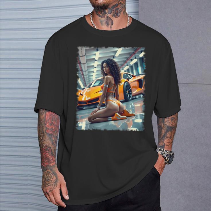 ピンナップガールtシャツ 男性用 ブラックピンナップガール&エキゾチックカー Tシャツ 彼への贈り物