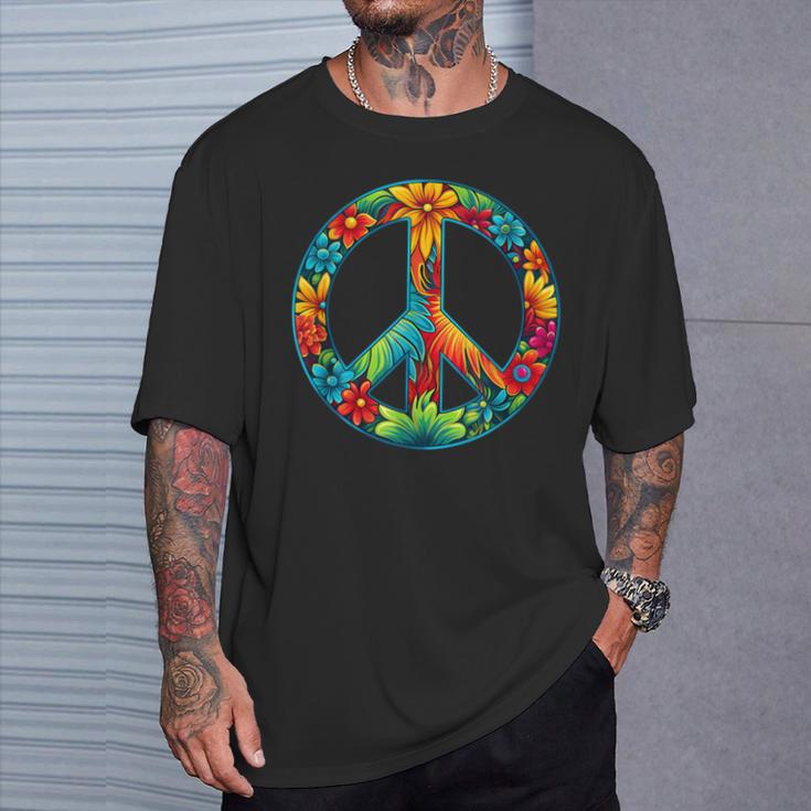 ピースマーク レトロフラワーデザイン ピースサイン Tシャツ 彼への贈り物