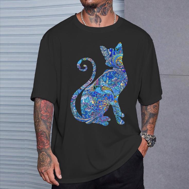 ブルー ペイズリーキャット Tシャツ 彼への贈り物