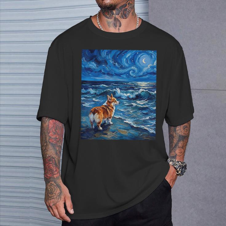 ペンブローク ウェールズ コーギー 犬 星月夜 ビーチ アートワーク Tシャツ 彼への贈り物