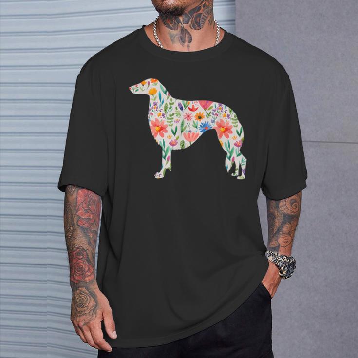 ボルゾイ水彩フラワーデザイン Tシャツ 彼への贈り物
