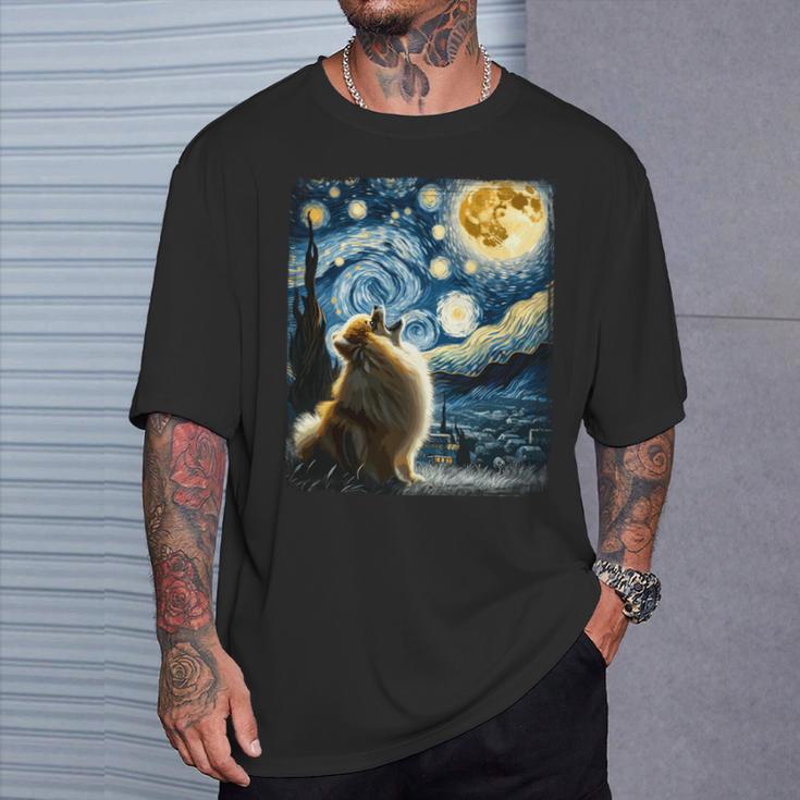 ポメラニアン 犬 イヌアート ゴッホ 星月夜 ポメラニアン 長袖tシャツ Tシャツ 彼への贈り物