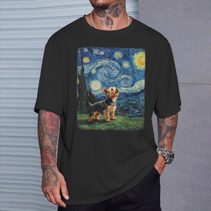 ヨークシャーテリア ハウリングムーン 星月夜 ゴッホ 面白い Tシャツ 彼への贈り物