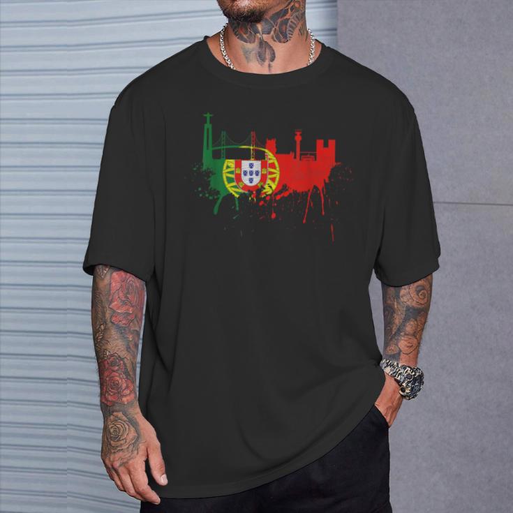 リスボン スカイライン ポルトガル国旗 絵画 ファンアート I Love Lisboa Tシャツ 彼への贈り物
