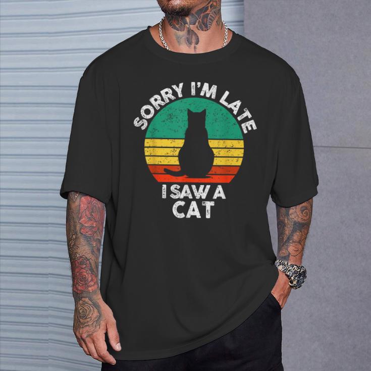 レトロ ヴィンテージorry I'm Late Iaw A Cat かわいい 猫好き Tシャツ 彼への贈り物