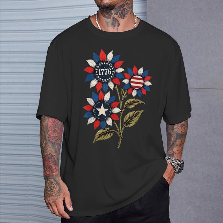 ヴィンテージ 1776 愛国心が強いひまわり アメリカ独立記念日 Tシャツ 彼への贈り物