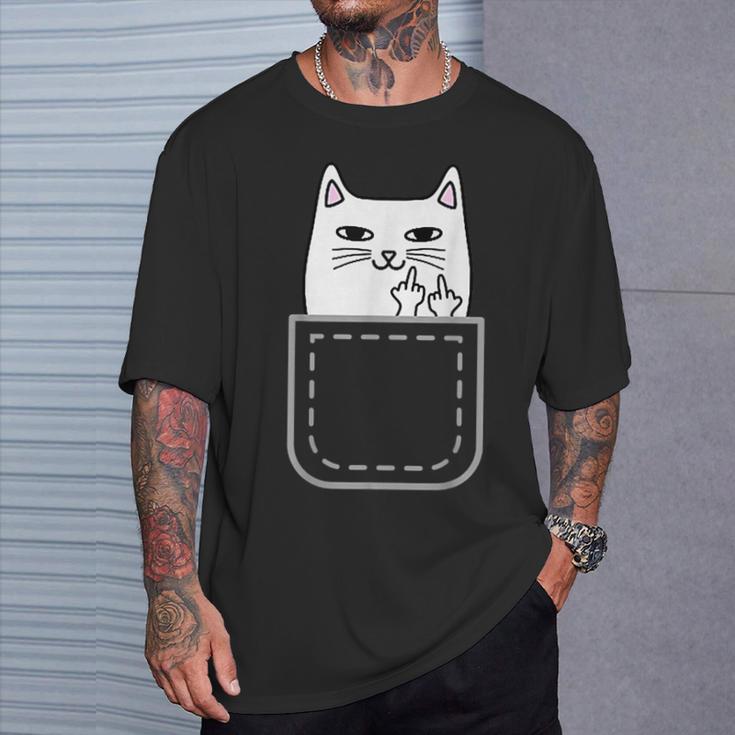 中指 猫 ポケット 面白い 漫画 猫 ホワイト プレミアム Tシャツ 彼への贈り物