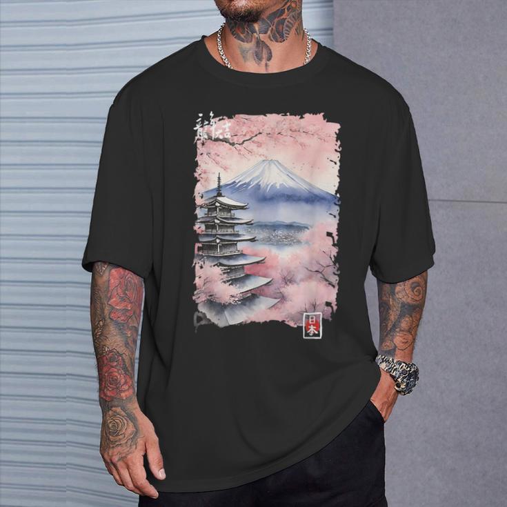 富士山 日本 桜 ヴィンテージ アニメ アート ピンク Tシャツ 彼への贈り物