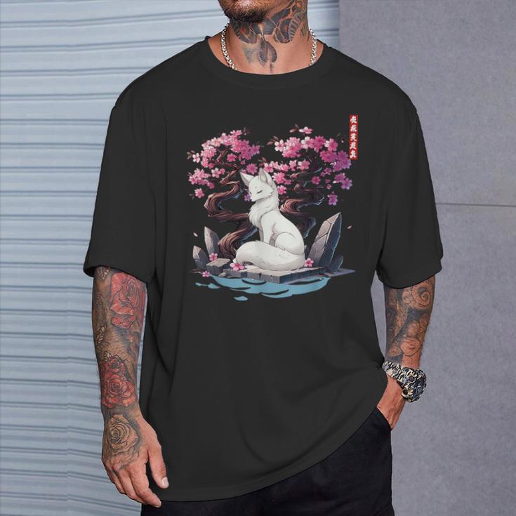 日本キツネ 妖怪 白狐 幽霊 浮世 E さくら Tシャツ 彼への贈り物