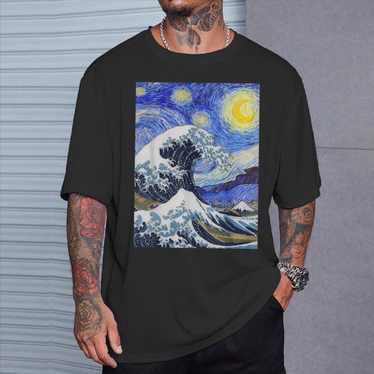 星月夜リメイクとミックスされた神奈川の大波 Tシャツ 彼への贈り物