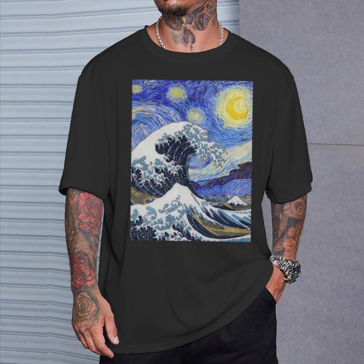 星月夜リメイクとミックスされた神奈川の大波 長袖tシャツ Tシャツ 彼への贈り物