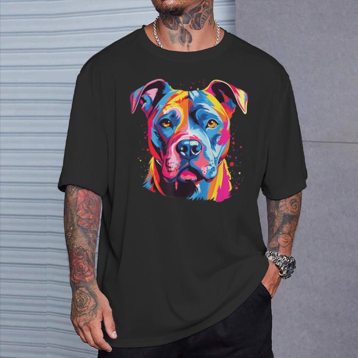 水彩のカラフルなアメリカン ピット ブル テリア犬 Tシャツ 彼への贈り物
