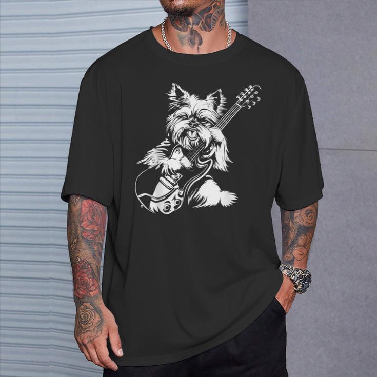 犬 ギタリスト ギター ティーカップ ヨーキー パパ ママ Tシャツ 彼への贈り物