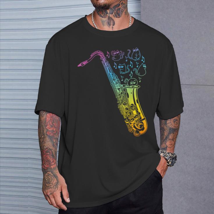 猫とサックスのサクソフォン楽器 Tシャツ 彼への贈り物