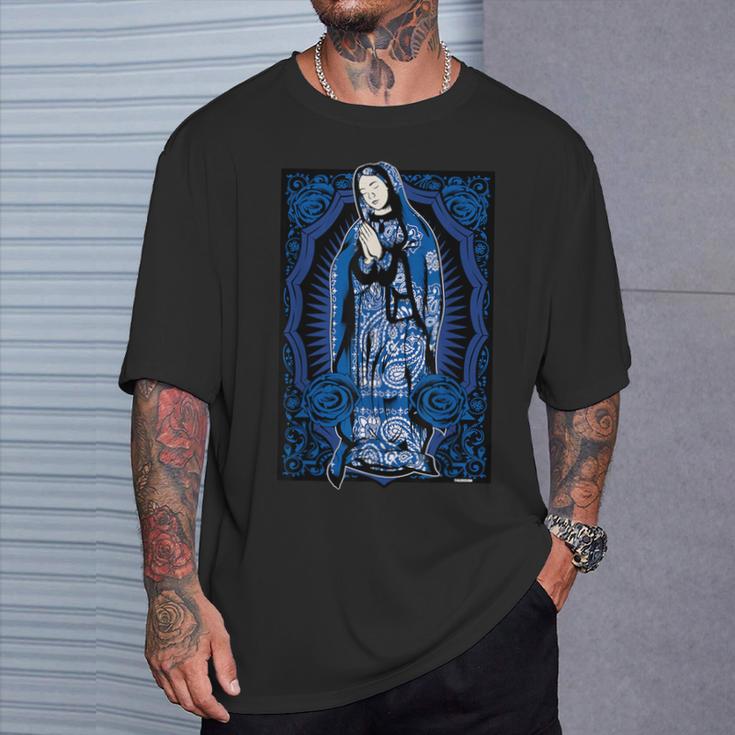 聖母マリア メキシカンブランケット アート ブルー バンダナ プリント チカーノ Tシャツ 彼への贈り物