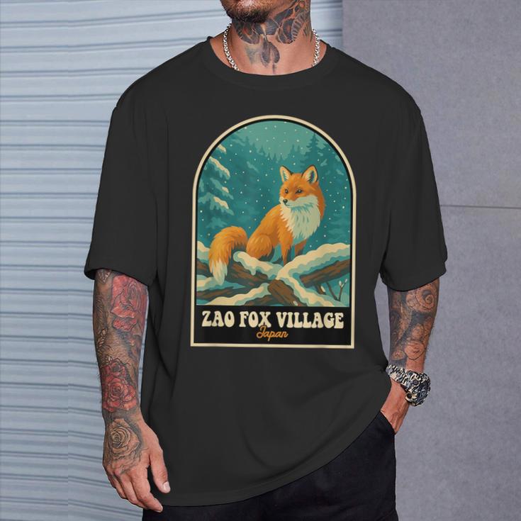 蔵王キツネ村 日本 – ヴィンテージ雪に覆われたキツネアート Tシャツ 彼への贈り物