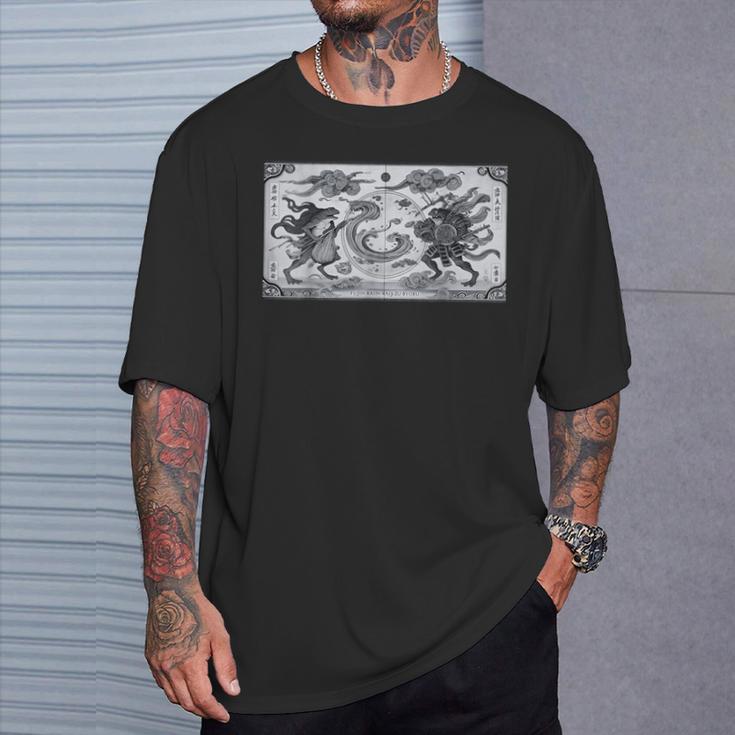 蛙の風神雷神デザイン 和風モノクロアート Tシャツ 彼への贈り物