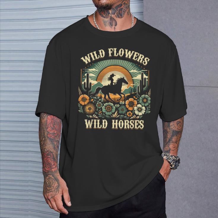 野の花と馬 ヴィンテージ 夕日 騎乗位 Tシャツ 彼への贈り物