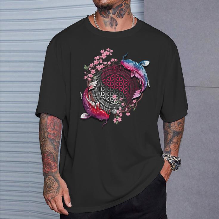 鯉魚フラワーオブライフ神聖幾何学桜アート Tシャツ 彼への贈り物