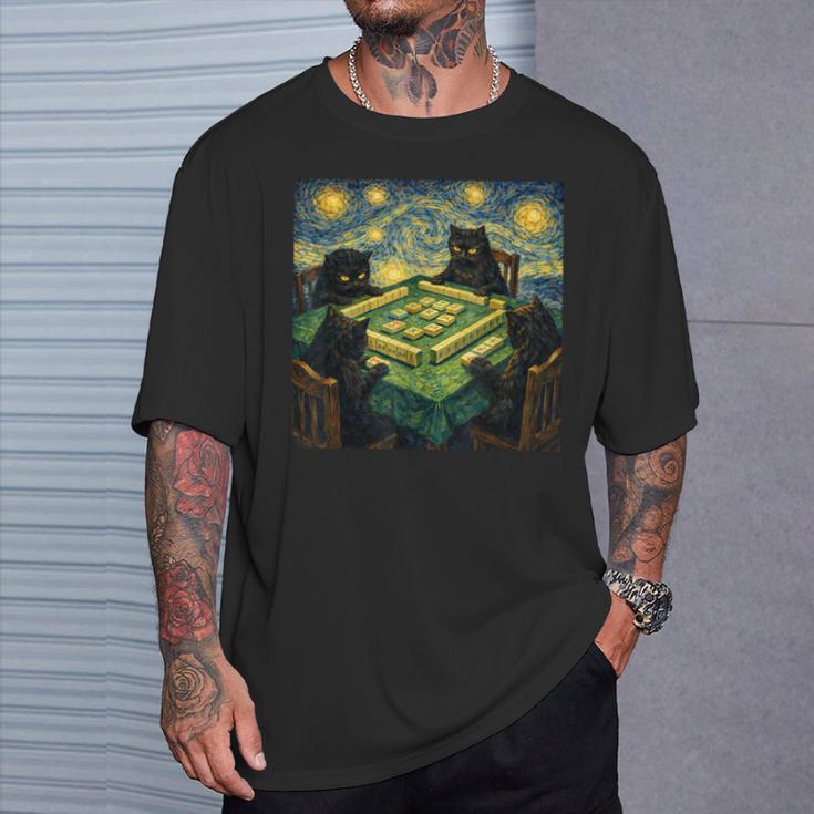 麻雀ファンゴッホスタイルで遊ぶ猫 麻雀カジノプレーヤー Tシャツ 彼への贈り物