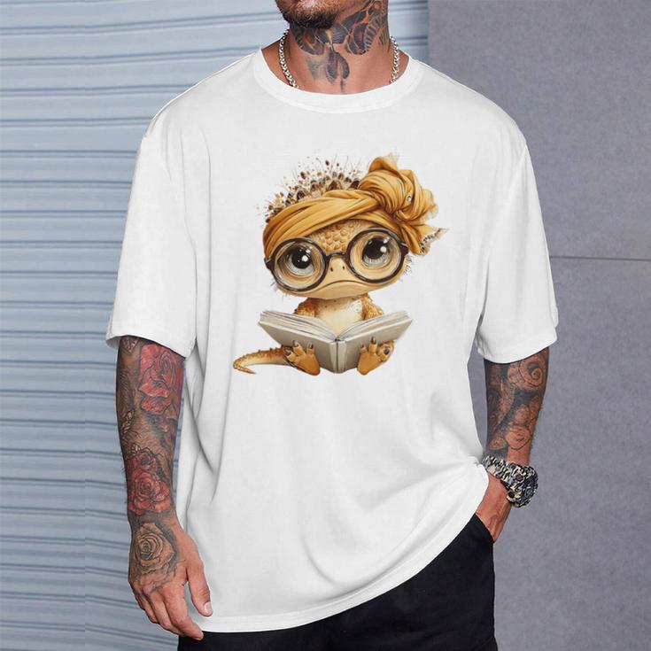 Baby Lizard Open Book Reading Reptile Graphic Portrait Round Premium Tri-Blend T-Shirt Gifts for Him