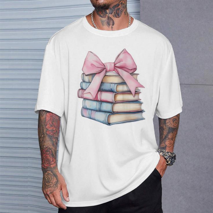 Book Lover Coquette Bow Pink Dainty Ribbon Cute Bookworm T-Shirt Gifts for Him
