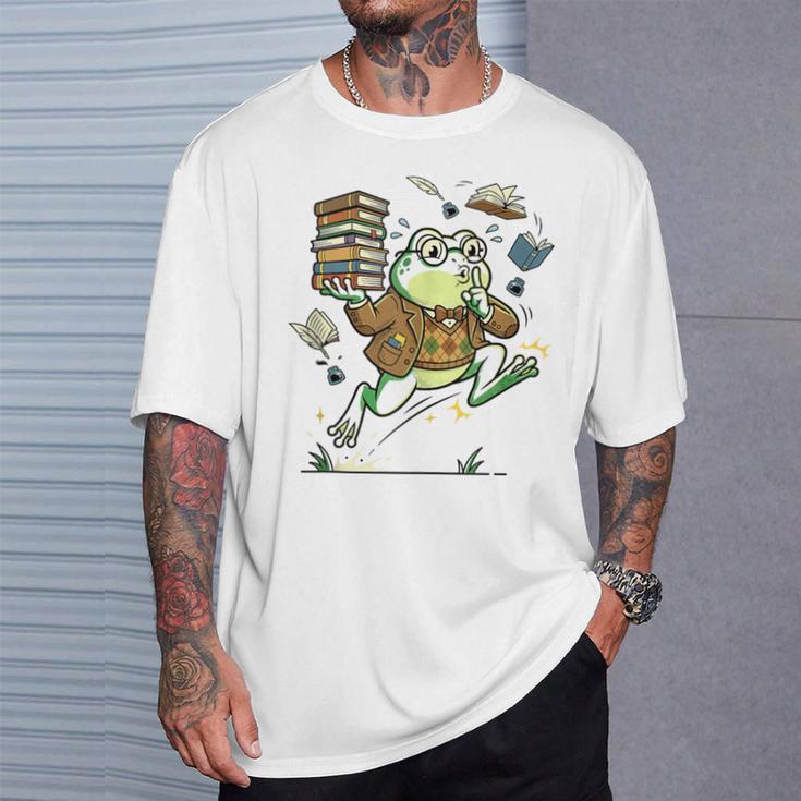 Book Lover Frog Quiet Please Cute Librarian Cartoon T-Shirt Gifts for Him