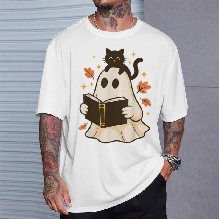 Books Ghost Reading Book Halloween Library Cat Fall T-Shirt Gifts for Him