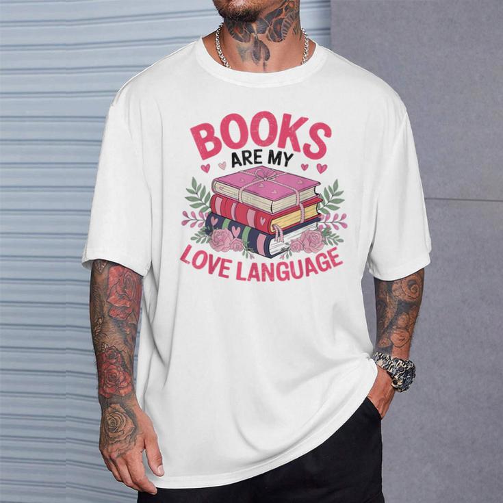 Books Are My Love Language Retro Bookworm Flowers Valentine T-Shirt Gifts for Him