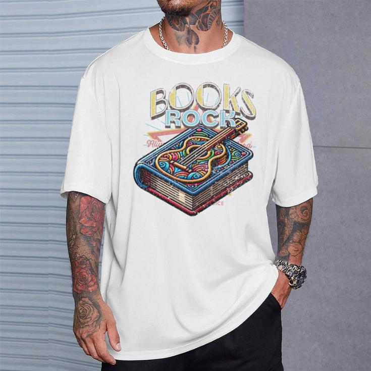 Books Rock Rock'n Roll Science Of Reading Teachers Guitar T-Shirt Gifts for Him