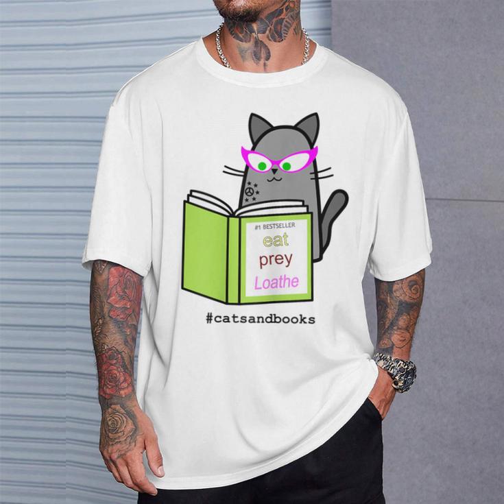 Cats And Books Happiness Cartoon Cat Pun For Women T-Shirt Gifts for Him