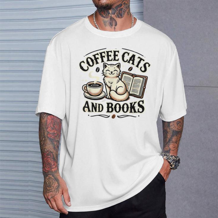 Coffee Cats And Book Reader Book Lovers Librarian Bookworm T-Shirt Gifts for Him