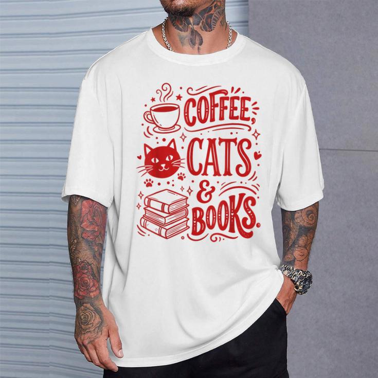 Coffee Cats And Books Lover Reading T-Shirt Gifts for Him