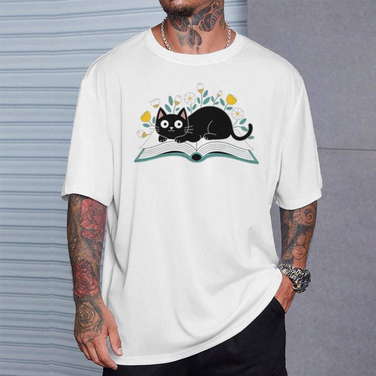 Cute Cat On Book Fun Flower Feline Pet Lover Premium Tri-Blend T-Shirt Gifts for Him