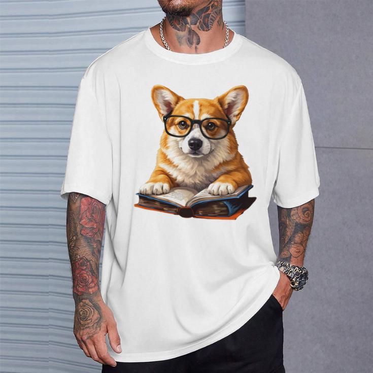 Cute Dog Corgi Reading Book T-Shirt Gifts for Him