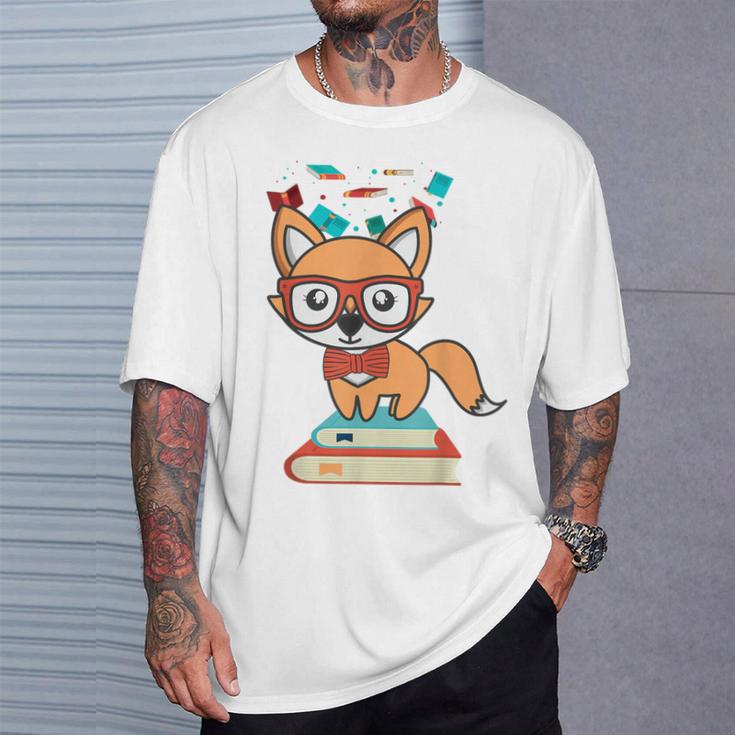 Cute Fox Smart Nerdy 1st Day School Teachers Students Books T-Shirt Gifts for Him