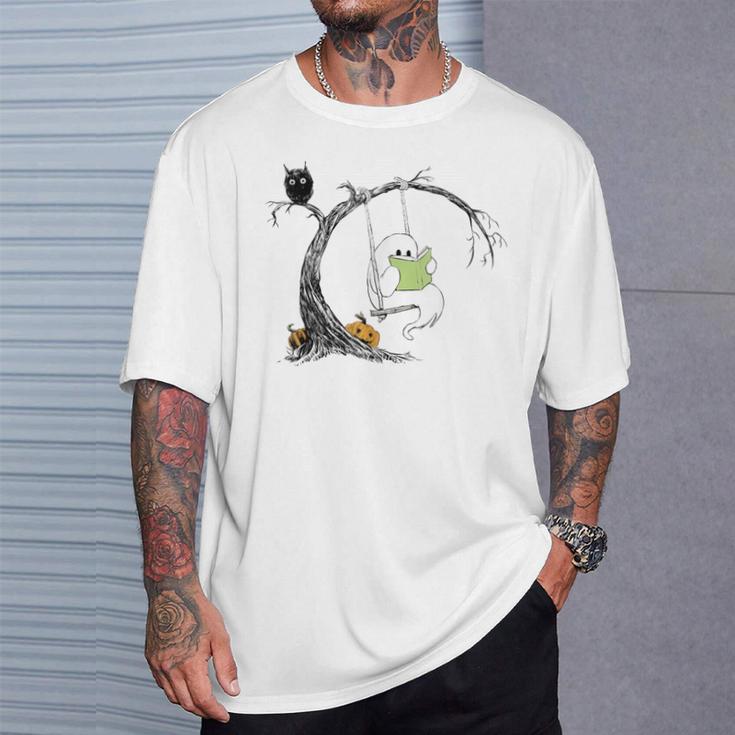 Cute Ghost Costume Reading Book Halloween T-Shirt Gifts for Him