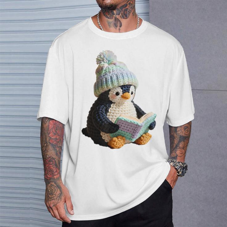 Cute Penguin Reading Book Faux-Crochet Print T-Shirt Gifts for Him