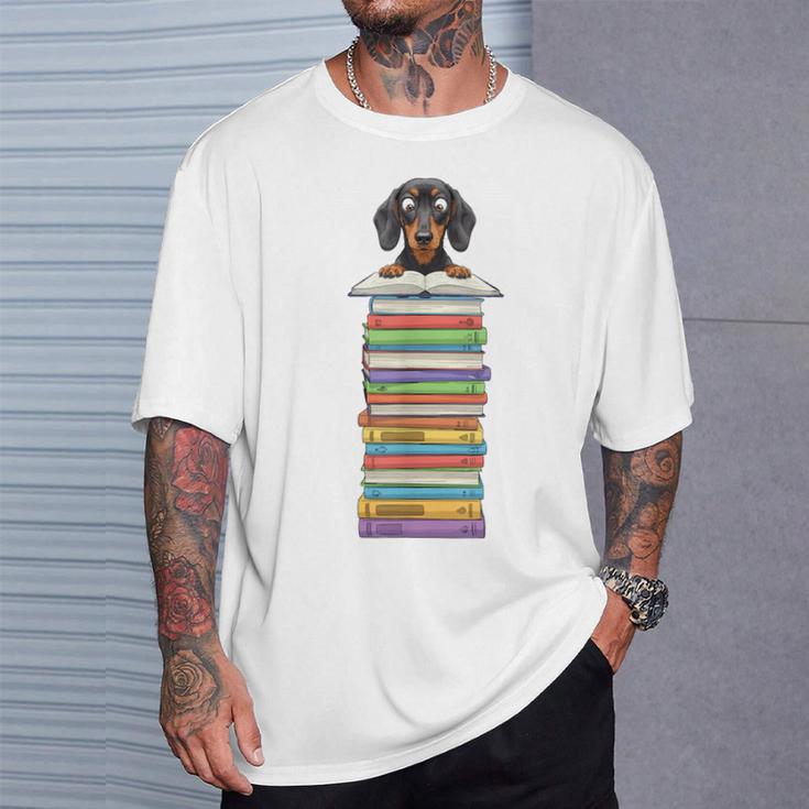 Cute Wiener Dog Dachshund Reading On Pile Of Books T-Shirt Gifts for Him