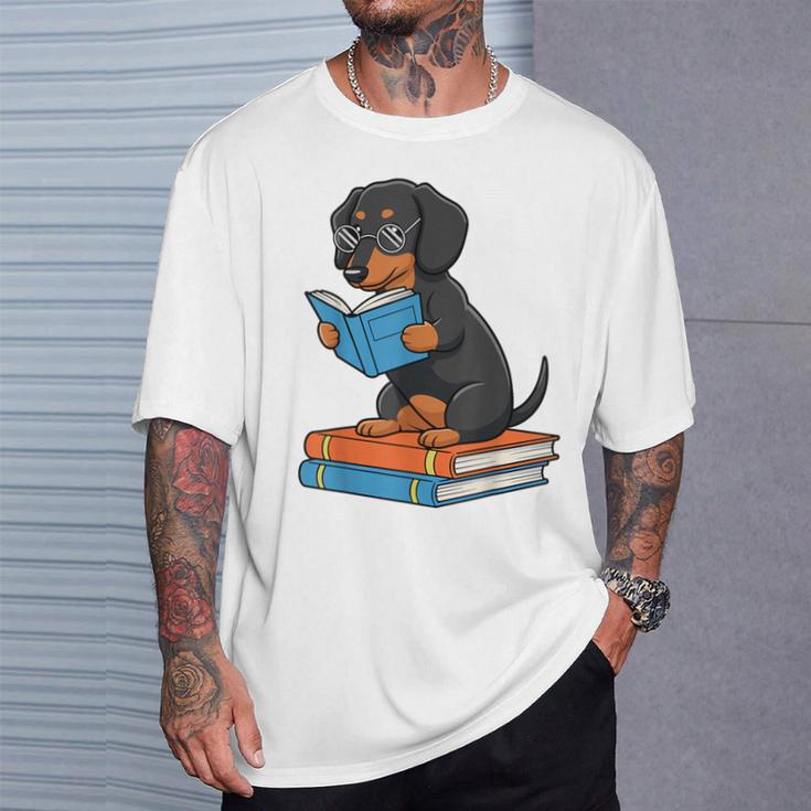 Dachshund Dog With Glasses Reading Book Librarian T-Shirt Gifts for Him