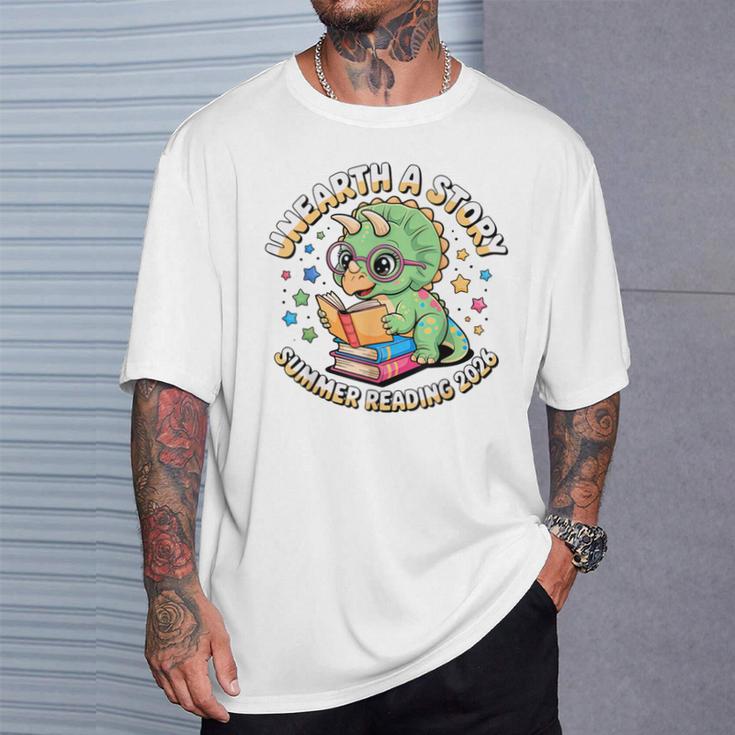 Dino Reading Books Unearth a Story Summer Reading Dinosaur T-Shirt Gifts for Him