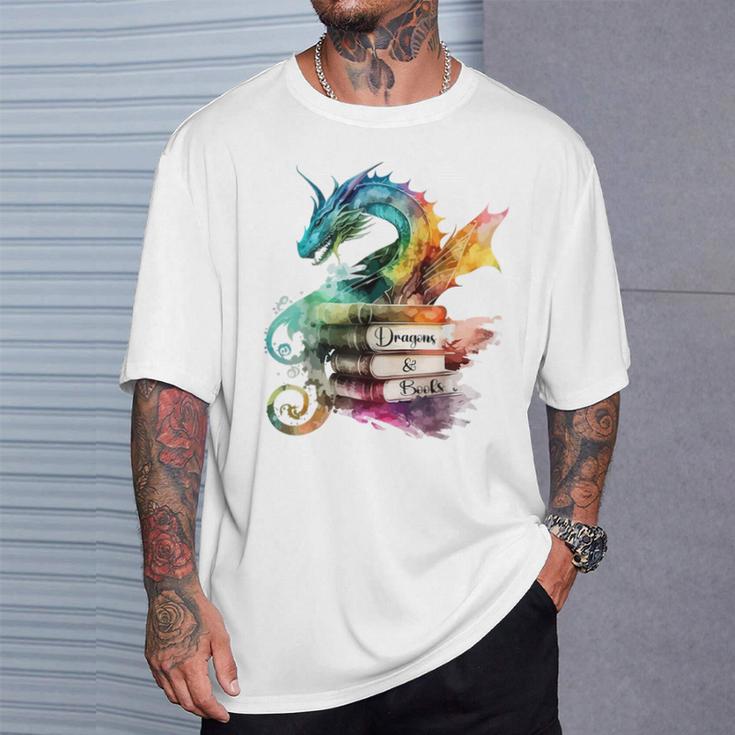 Dragons And Books Watercolor Fantasy Dragon Lover Theme T-Shirt Gifts for Him Dragons And Books Watercolor Fantasy Dragon Lover Theme T-Shirt Gifts for Him