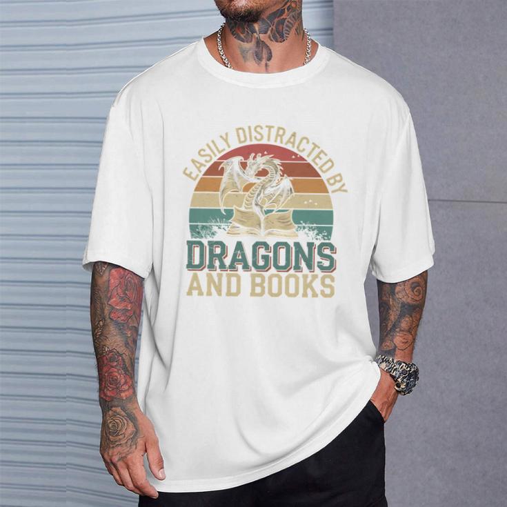 Easily Distracted By Books & Dragons Bookworm Reading T-Shirt Gifts for Him