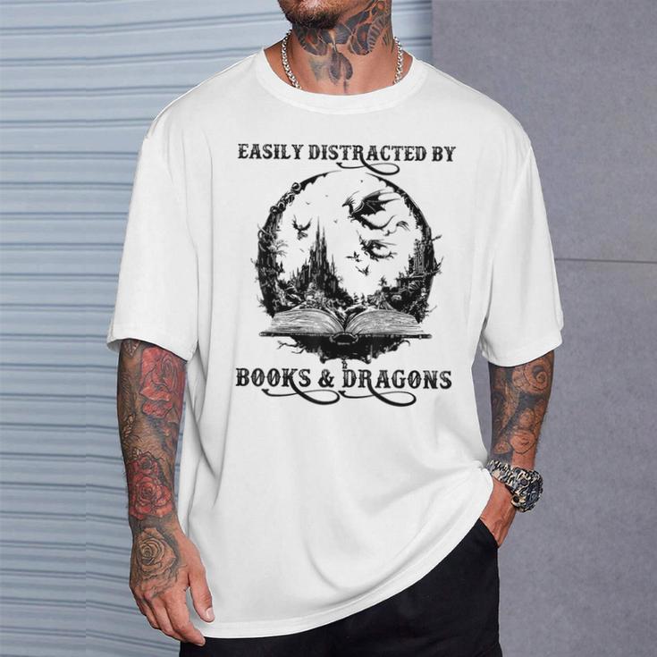 Easily Distracted By Books & Dragons Librarian Book Lover T-Shirt Gifts for Him