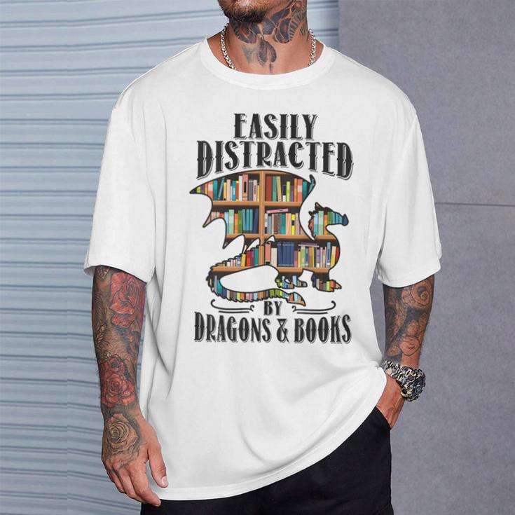 EASILY DISTRACTED BY DRAGONS & BOOKS Medieval Fantasy Reader T-Shirt Gifts for Him