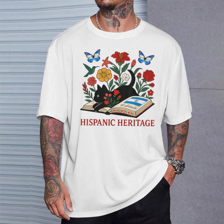 El Salvador Hispanic Heritage Month Book Cute Floral Cat Art T-Shirt Gifts for Him