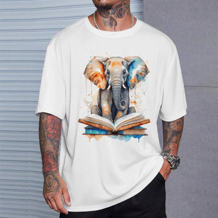 Elephant Reading Book Animal Art Print Graphic T-Shirt Gifts for Him