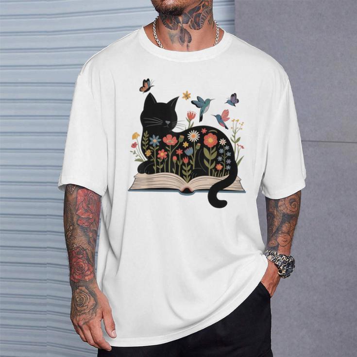 Floral Cat Reading Book Kitten Illustration T-Shirt Gifts for Him Floral Cat Reading Book Kitten Illustration T-Shirt Gifts for Him