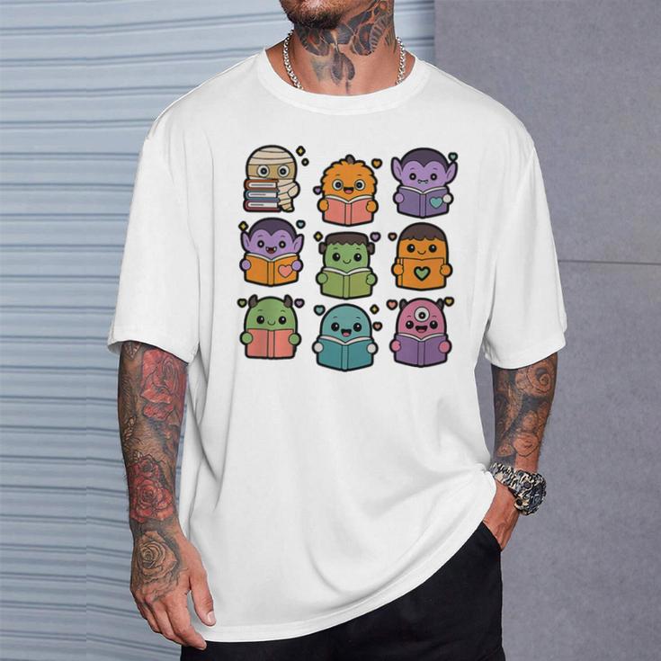 Halloween Monsters Reading Books Pattern Spooky Kawaii Anime Premium Tri-Blend T-Shirt Gifts for Him